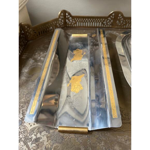 MCM Stainless Steel Lidded Butter Dish caviar cake tray set gold floral fasix - Picture 14 of 16